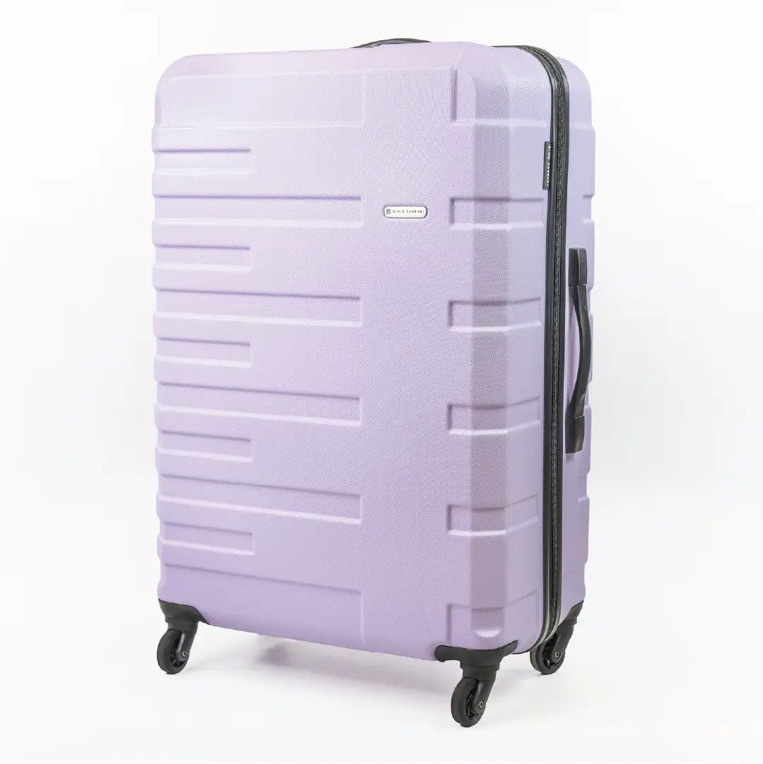 Lavender suitcase with a visible brand logo on a white background