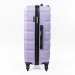 Purple suitcase with black handle and wheels on a white background