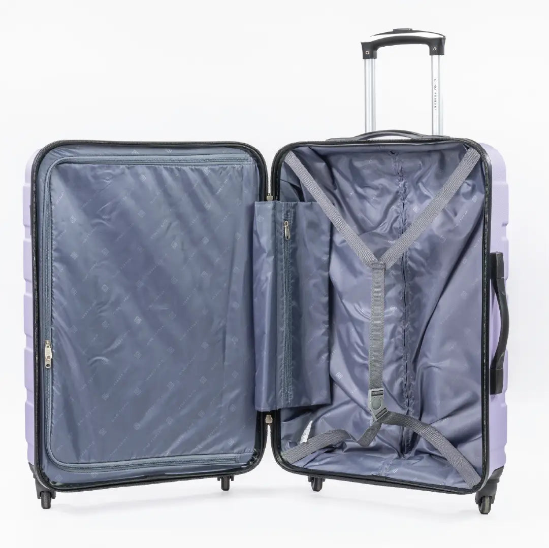 Open suitcase with interior organisation panels on a white background