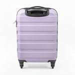 The back of a lilac purple suitcase with black handle and wheels