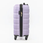 Side view of a purple suitcase showcasing the zipper.