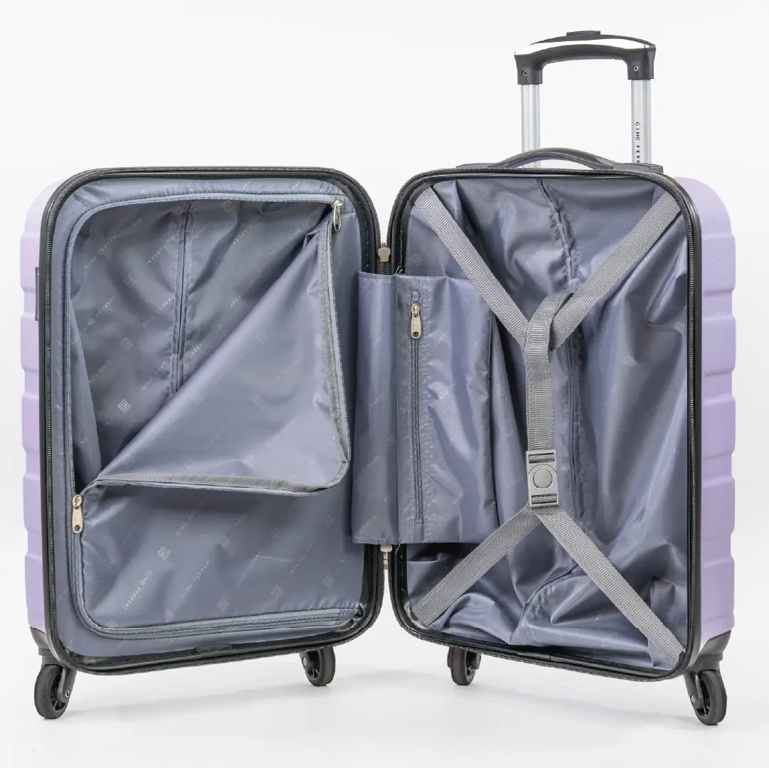 Open purple suitcase with interior details.