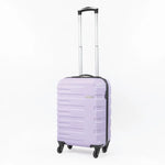 A lavender cabin-sized suitcase with a black handle pulled up and wheels