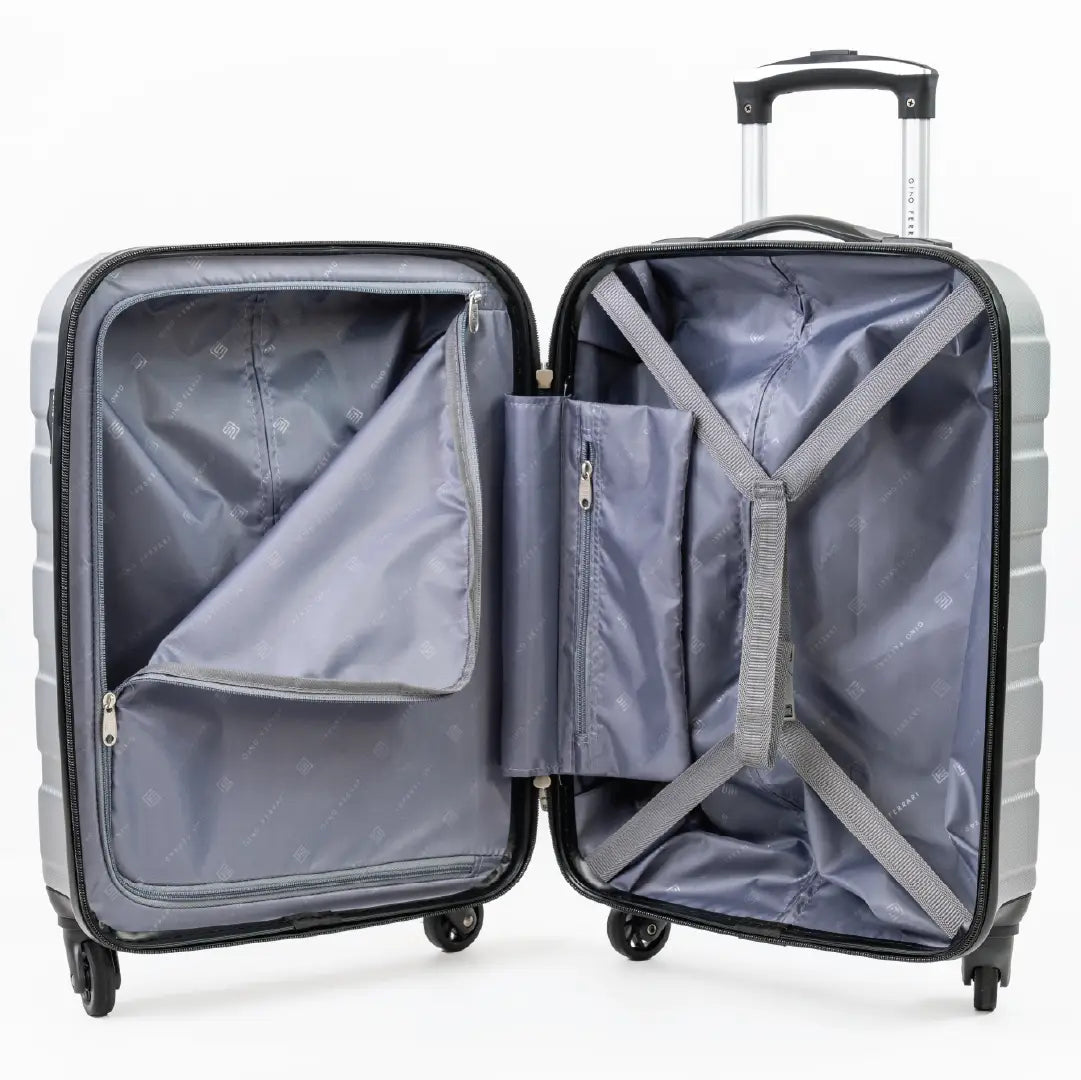 Open gray suitcase with interior details on a white background