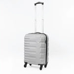 Full view of a silver suitcase with a handle on a white background.