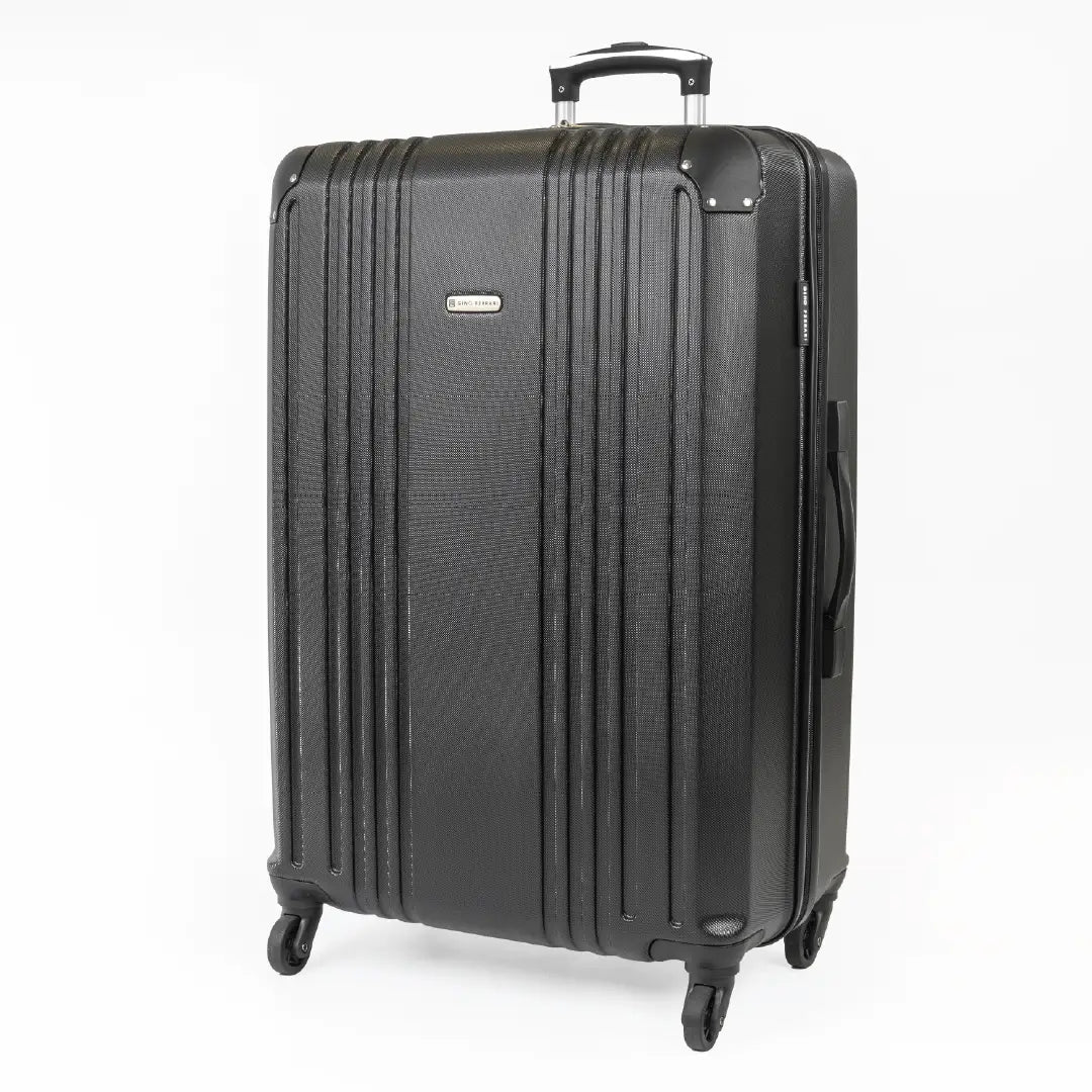 Black hard-shell suitcase with visible brand logo.