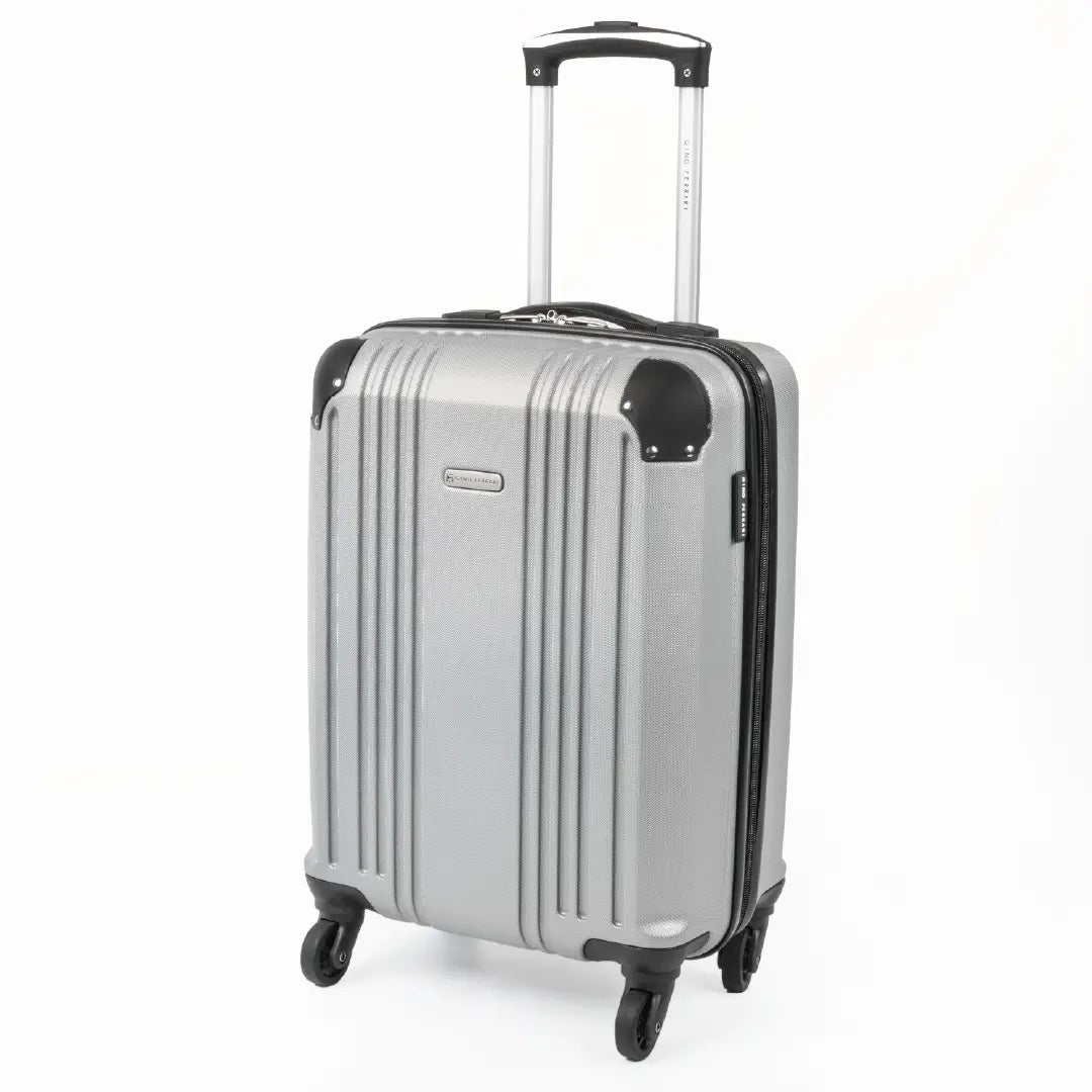 Cabin-sized silver hard-shell suitcase with a visible brand logo and black accents.