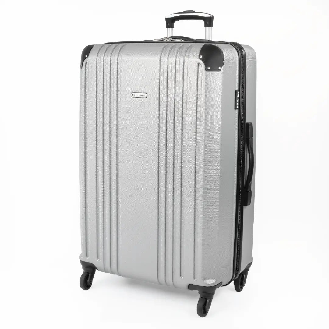 Cabin-sized silver hard-shell suitcase with a visible brand logo and black accents.