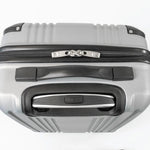 Silver suitcase with black handle and interlocking zip.