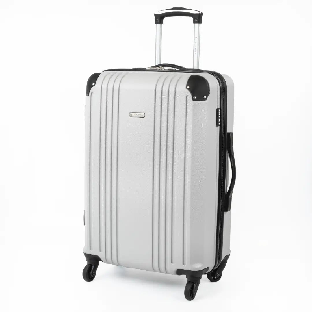 Cabin-sized silver hard-shell suitcase with a visible brand logo and black accents.