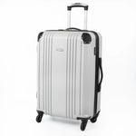 Cabin-sized silver hard-shell suitcase with a visible brand logo and black accents.