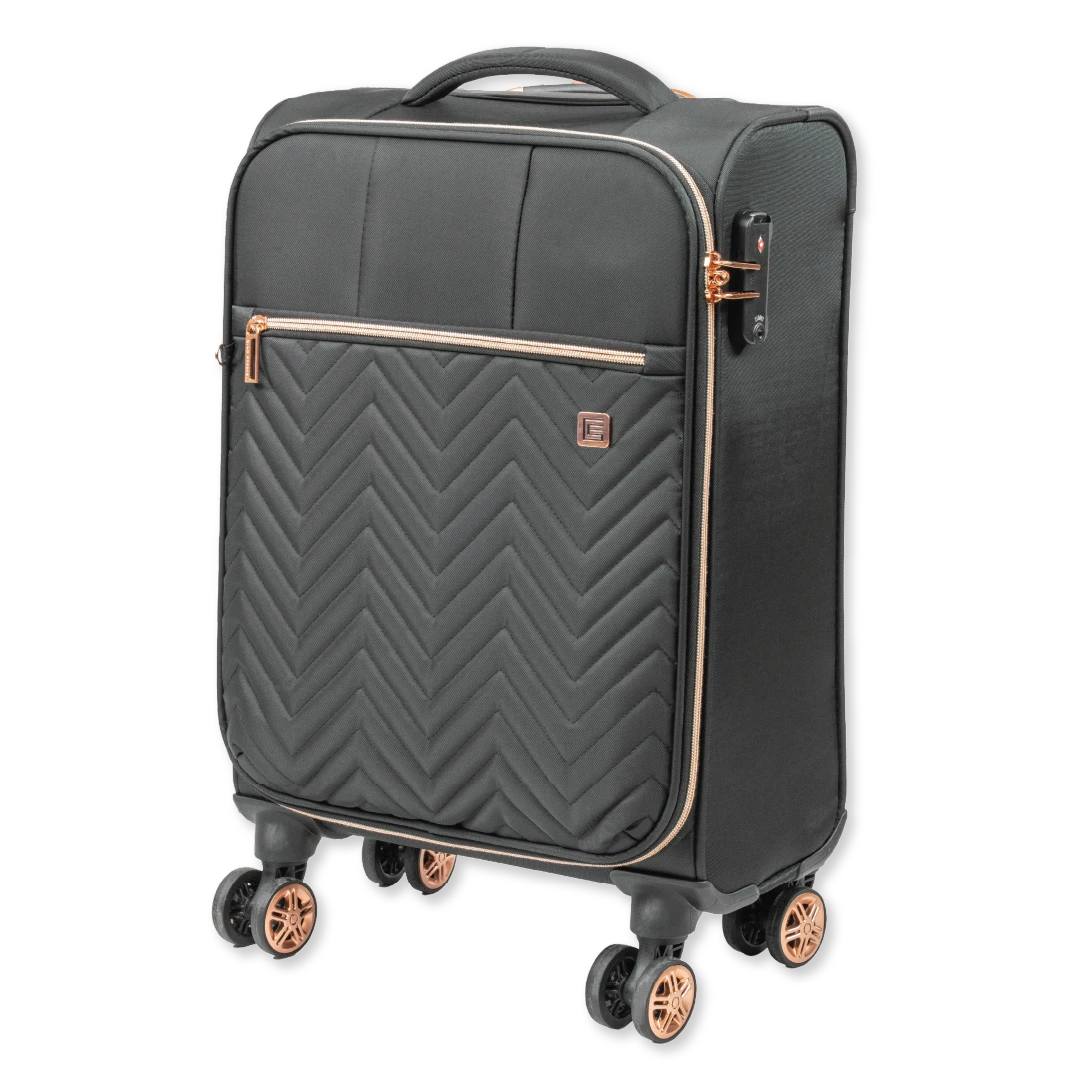 Black suitcase with rose gold accents on a white background