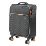 Black suitcase with rose gold accents on a white background