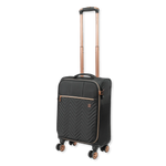 Black suitcase with rose gold accents on a white background