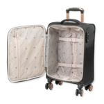 Black suitcase with open lid showing interior on a white background