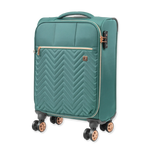 Teal suitcase with chevron pattern and gold accents on a white background