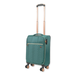 Green suitcase with rose gold accents on a white background