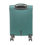 Green suitcase with wheels on a white background