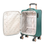 Green suitcase with open lid on a white background
