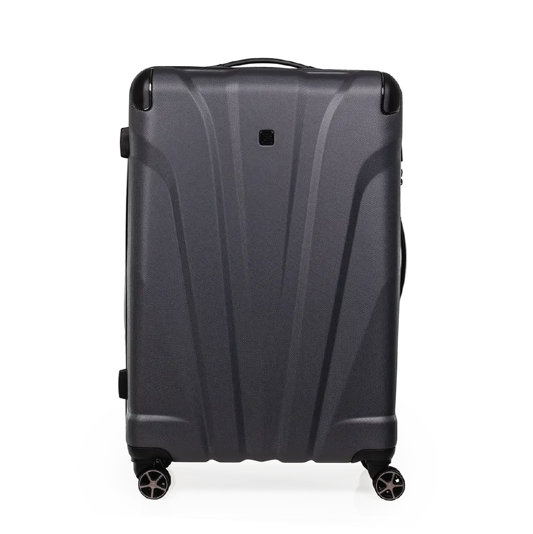 Gray suitcase with a textured surface on a white background