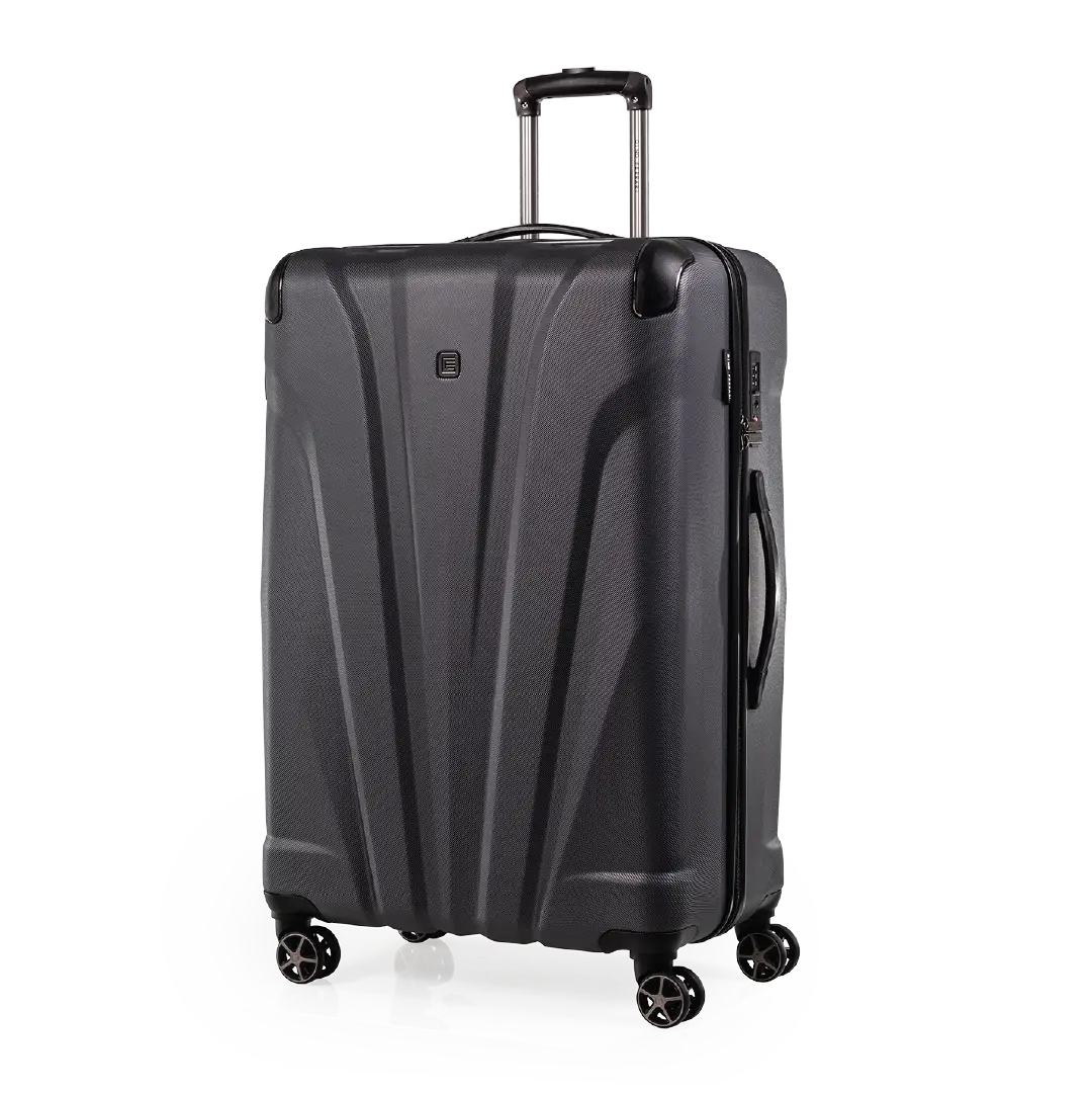 Black suitcase with wheels on a white background