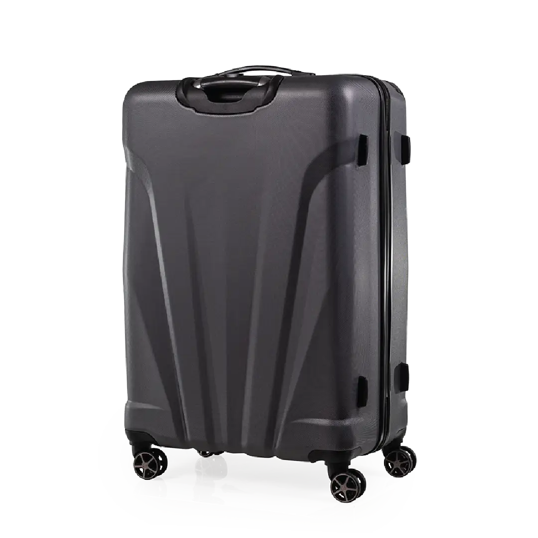 Gray suitcase with wheels on a white background
