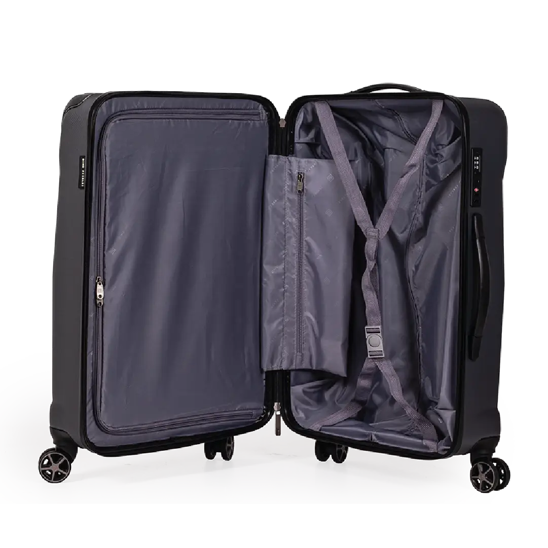Open black suitcase with grey interior on a white background