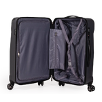 Open black suitcase with grey interior on a white background