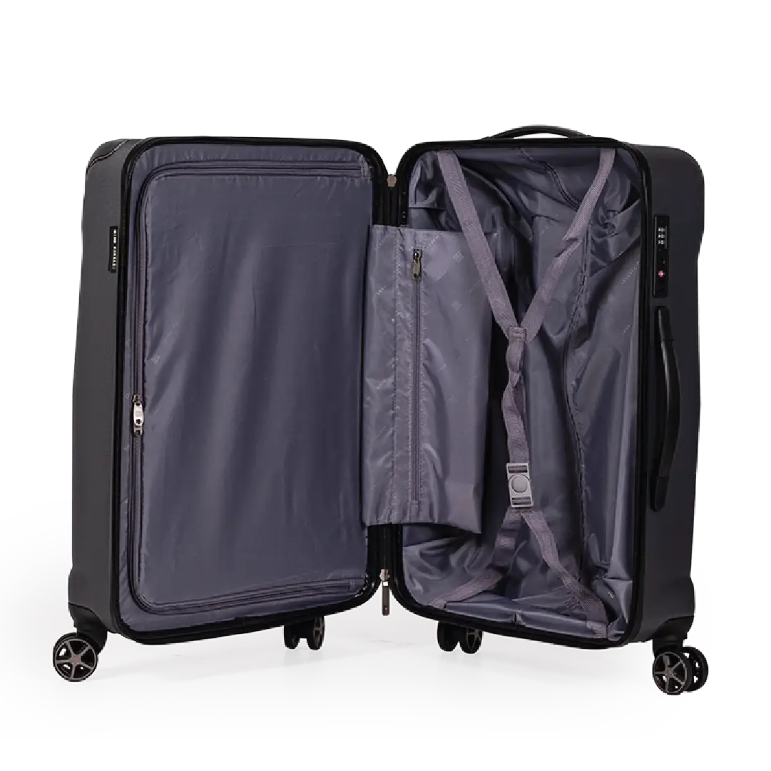 Open black suitcase with interior view on a white background
