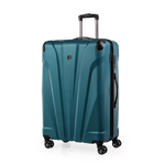 Teal suitcase with a visible brand logo on a white background