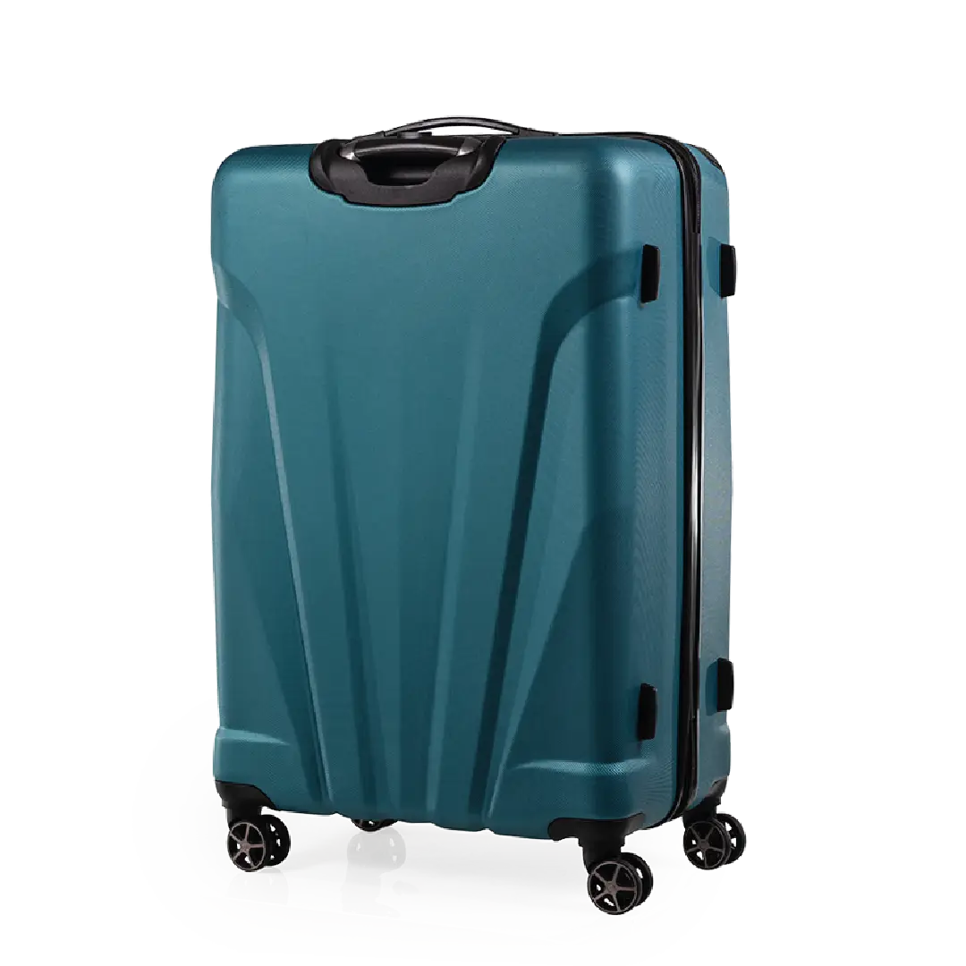 Teal suitcase with black wheels on a white background