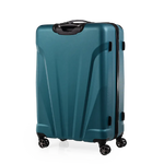 Teal suitcase with black wheels on a white background