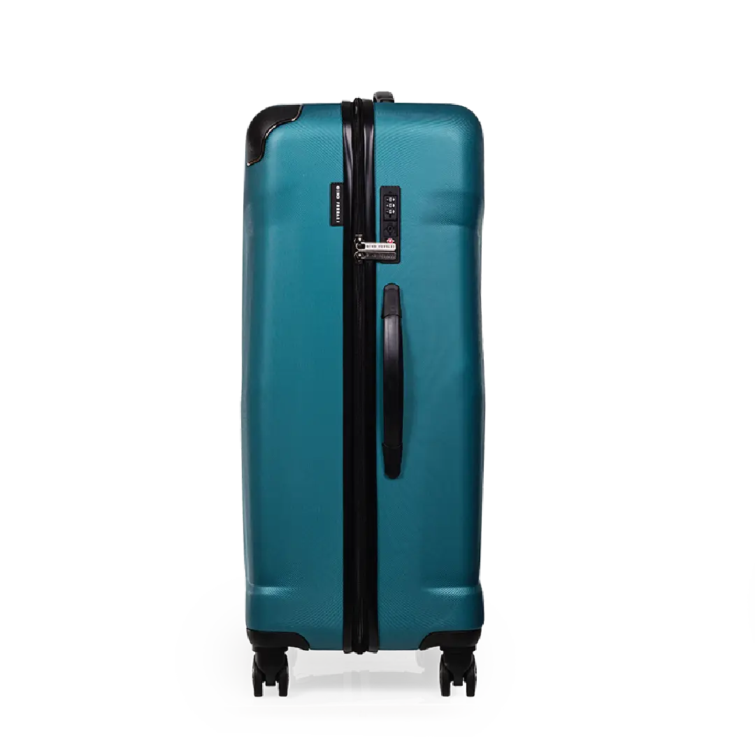 Teal suitcase with black handle and wheels on a white background