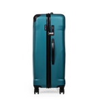 Teal suitcase with black handle and wheels on a white background