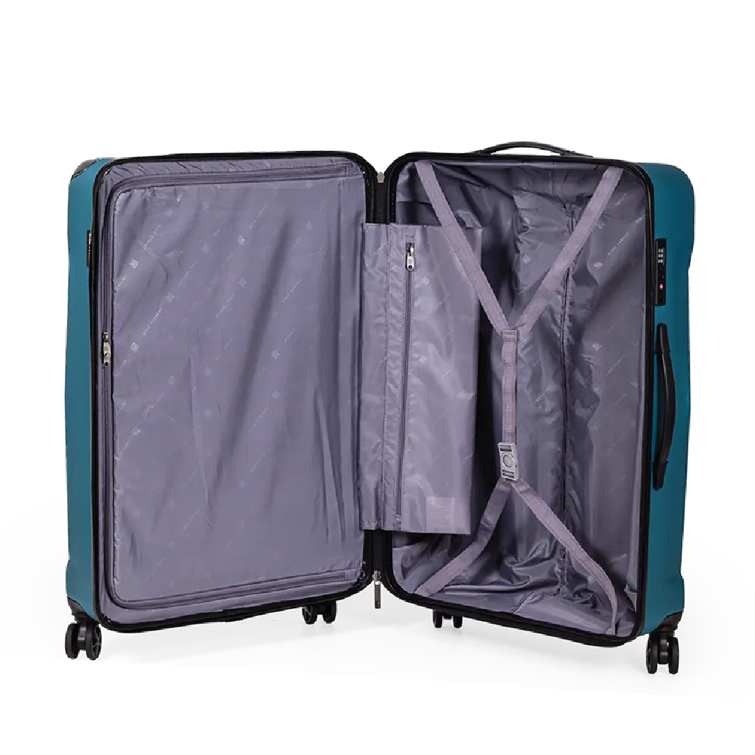 Open teal suitcase with gray interior on a white background