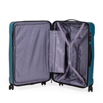 Open teal suitcase with gray interior on a white background