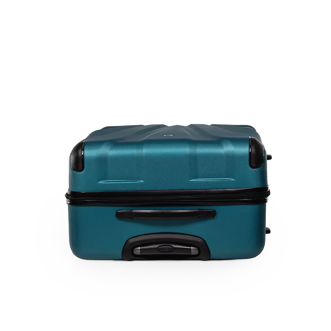 Teal suitcase with black handles and wheels on a white background