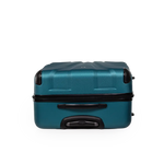 Teal suitcase with black handles and wheels on a white background