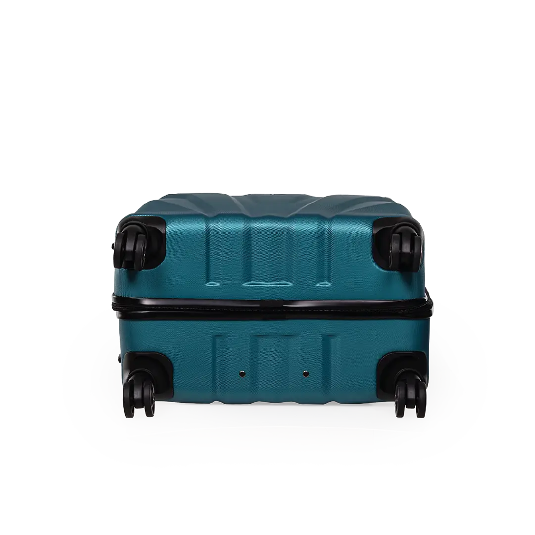 Teal suitcase with black wheels on a white background