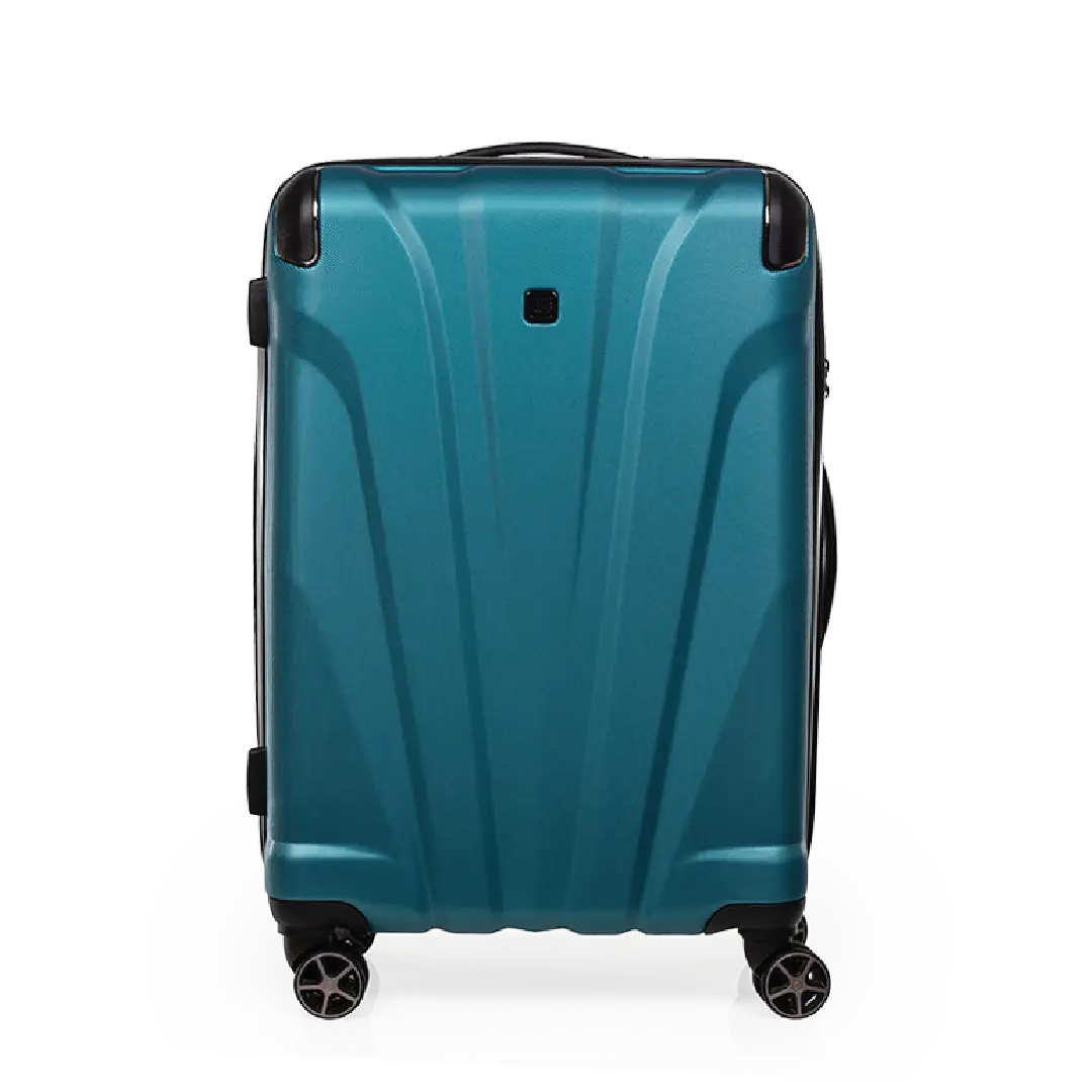 Teal suitcase with black wheels on a white background