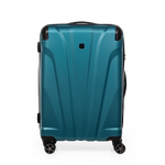 Teal suitcase with black wheels on a white background