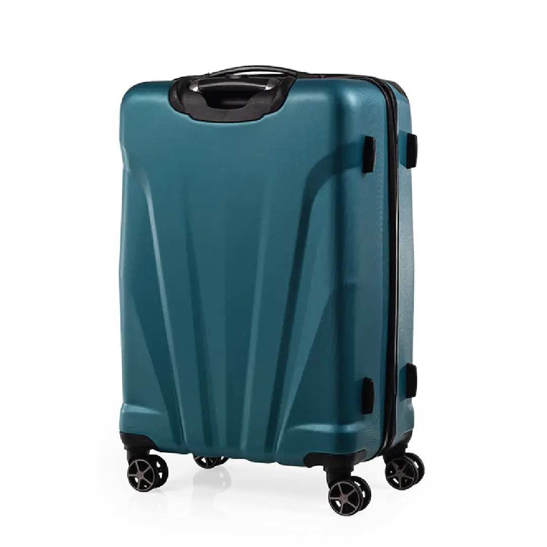 Teal suitcase with black wheels on a white background