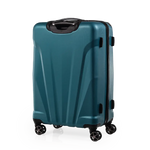 Teal suitcase with black wheels on a white background