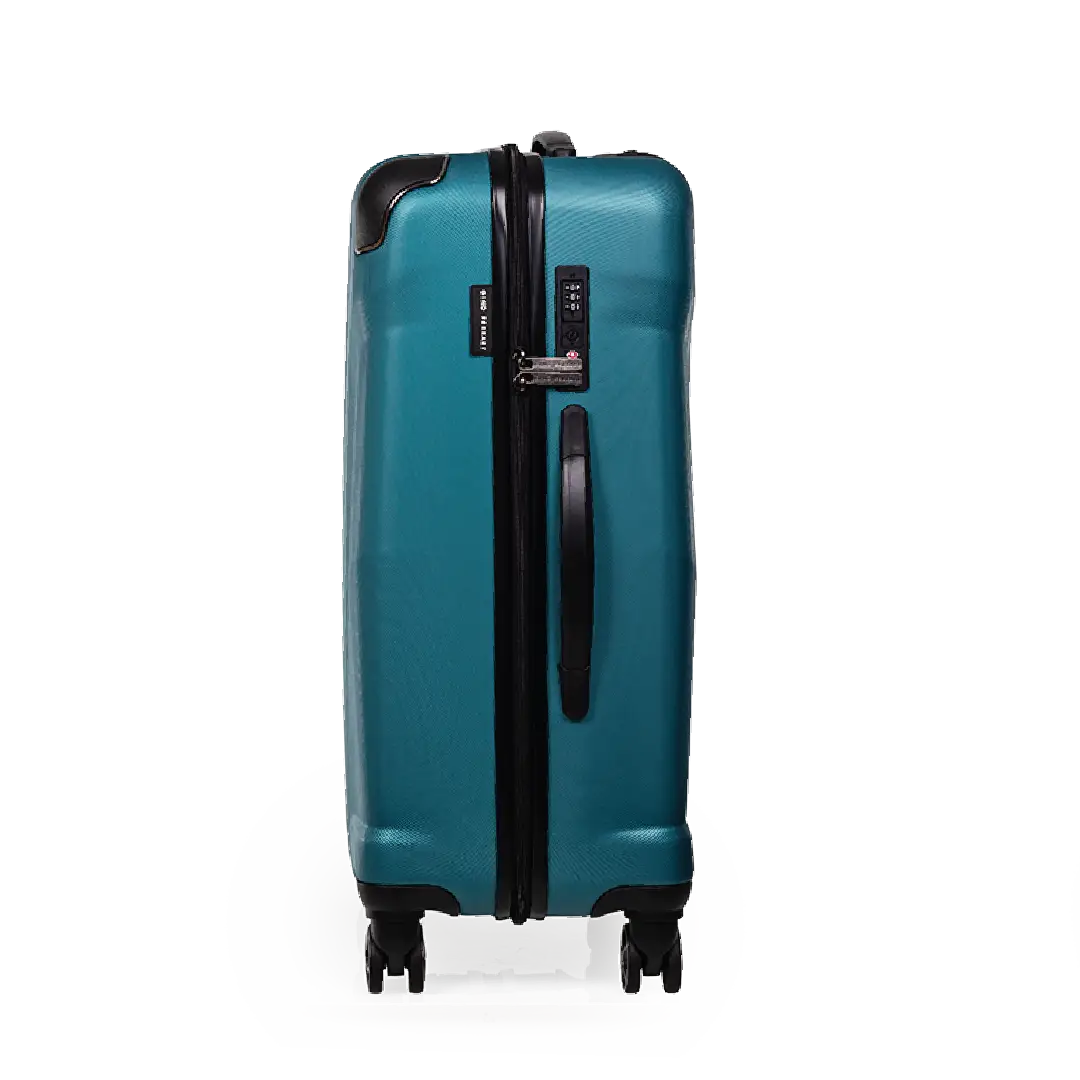 Teal suitcase with a black handle on a white background