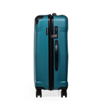 Teal suitcase with a black handle on a white background
