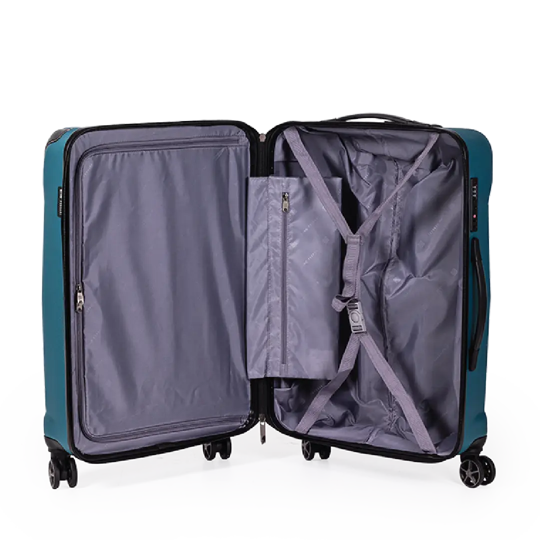 Open teal suitcase with gray interior on a white background