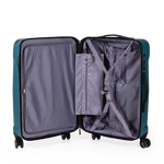 Open teal suitcase with gray interior on a white background