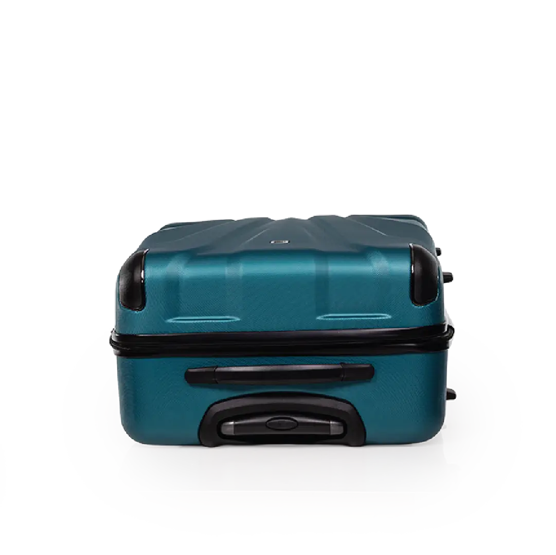 Teal suitcase with black handle and wheels on a white background
