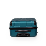 Teal suitcase with black handle and wheels on a white background