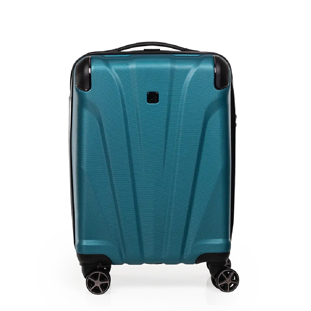 Teal suitcase with black wheels on a white background